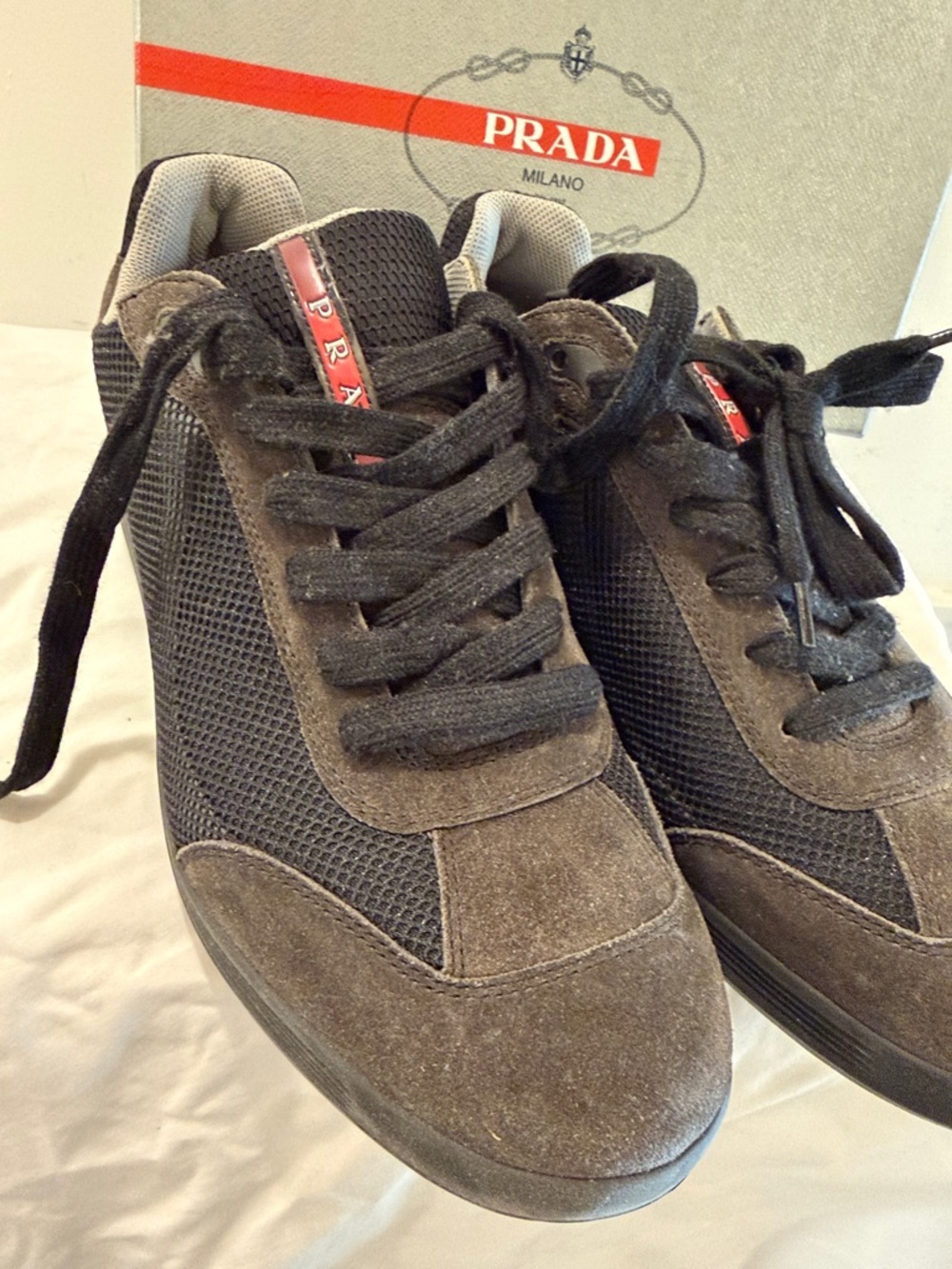 Prada Men's Dark Brown and Black Suede Mesh Sneakers - Picture 4 of 15